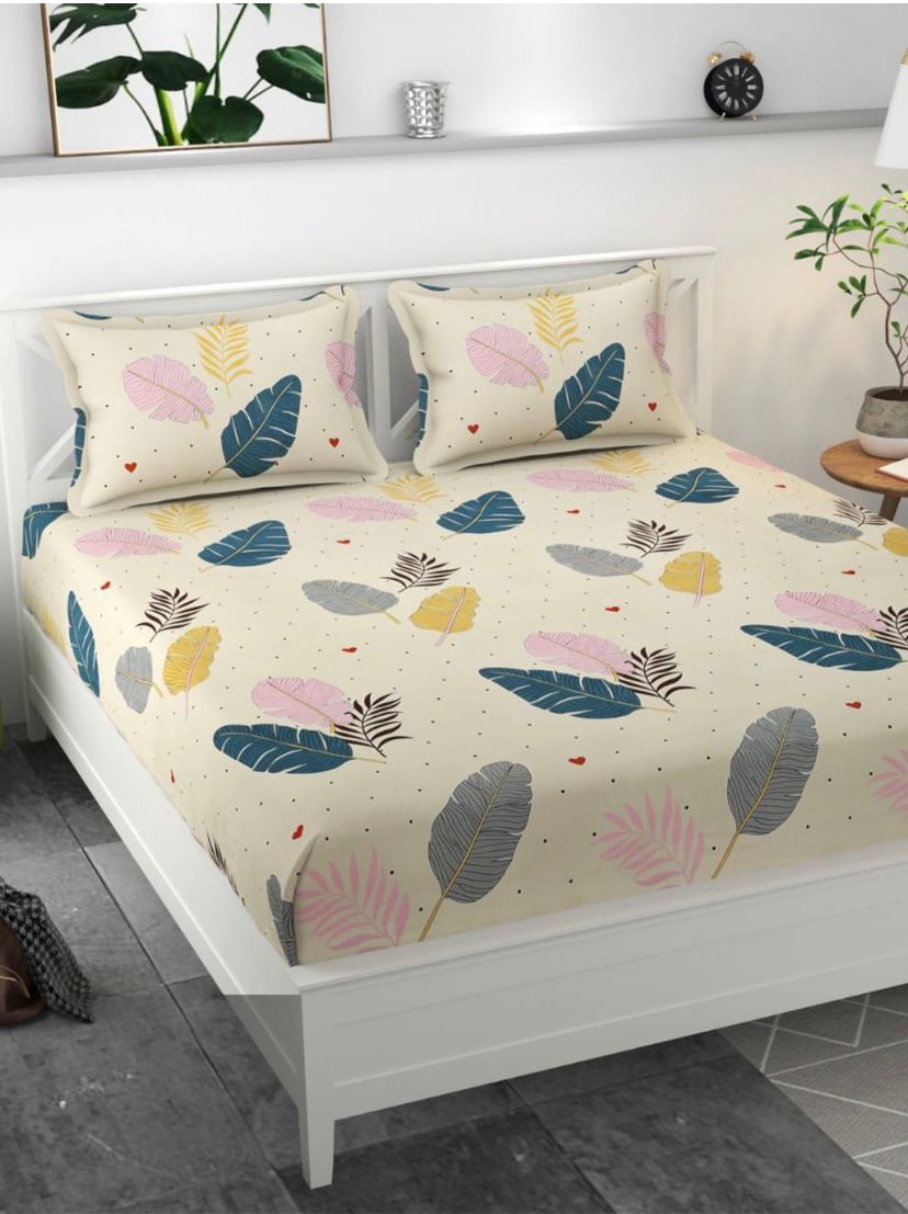 Beige Petals Cotton Bed Sheet Design with Pillowcases