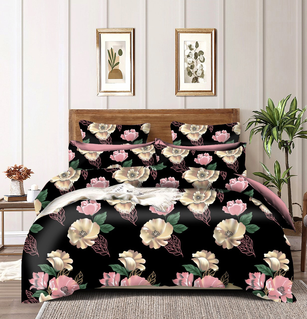 New Black Golden Flower Fitted Cotton Bed Sheet Design with Pillowcases