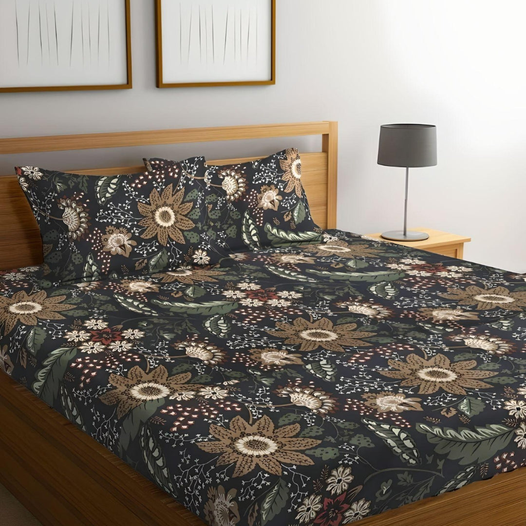 Black Peacock Fitted Bed Sheet King Size with Pillowcases