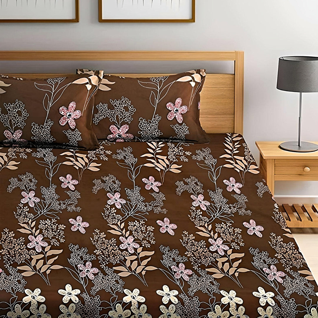 Brown Flower printed Fitted Bed Sheets with Pillow Cover Sets