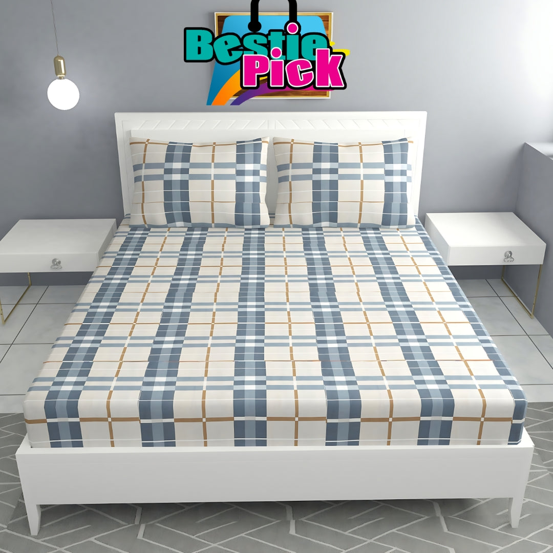 Cream Check Fitted Bed Sheets with Pillow Cover Sets