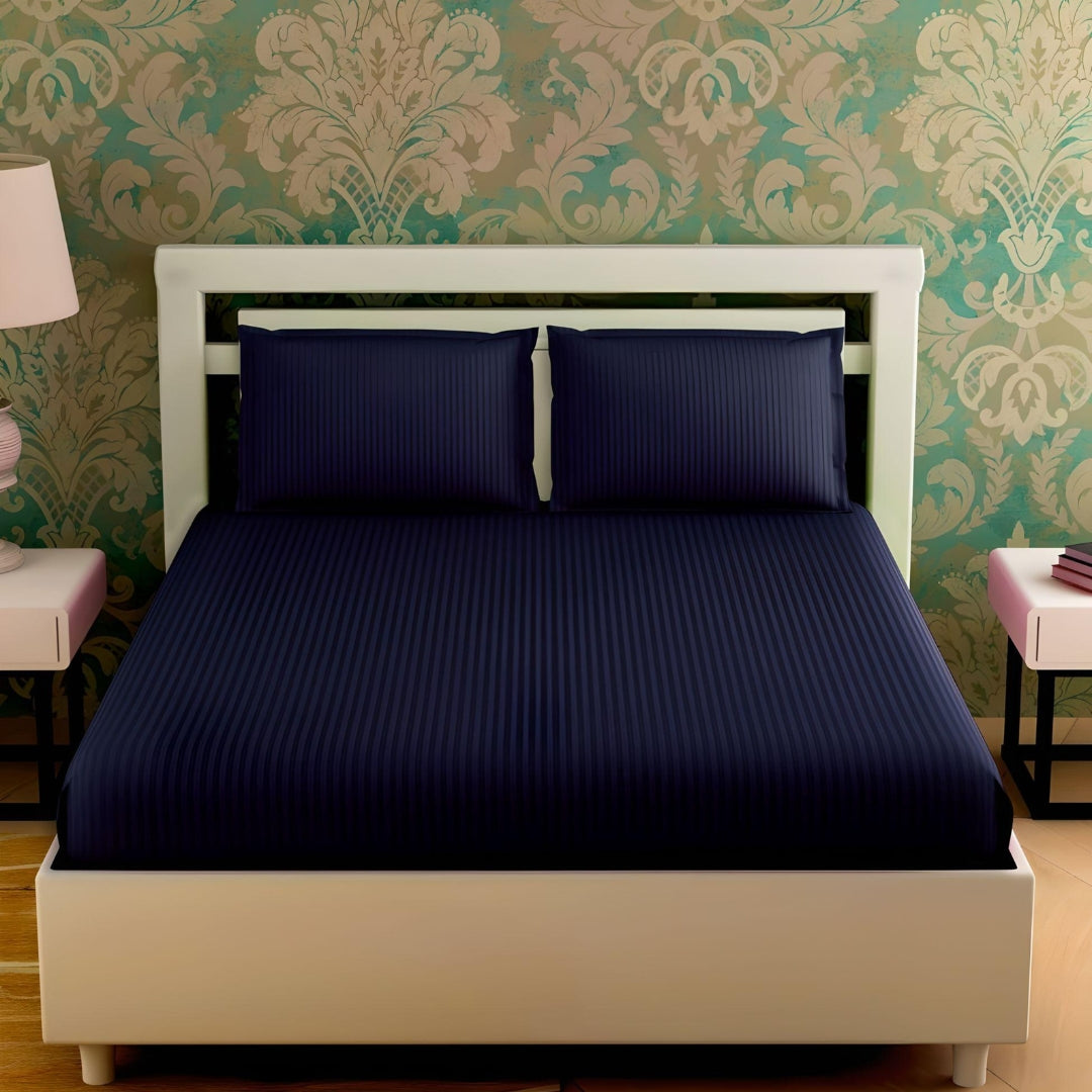 Navy Blue Striped Satin Fitted Bed Sheet with Pillow Covers