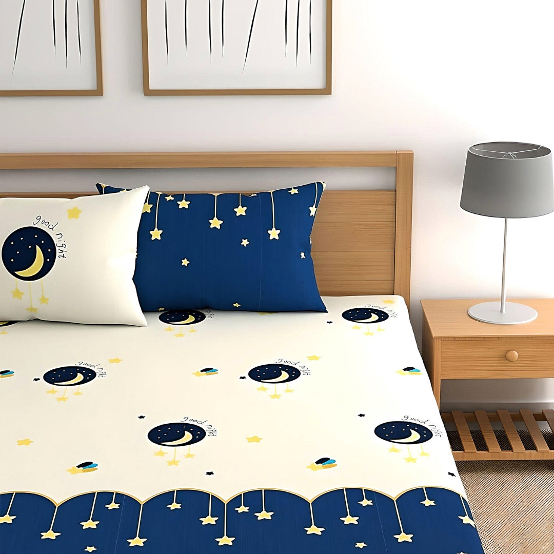 Cream Moon Elastic Fitted Bedsheets With Pillow Sets