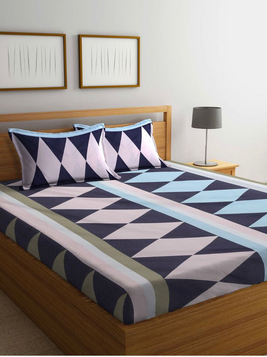 Blue Triangle Fitted Cotton Bed Sheet Design with Pillowcases