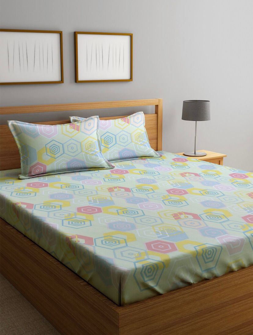 Green Hexa Design Fitted Cotton Bed Sheet Design with Pillowcases