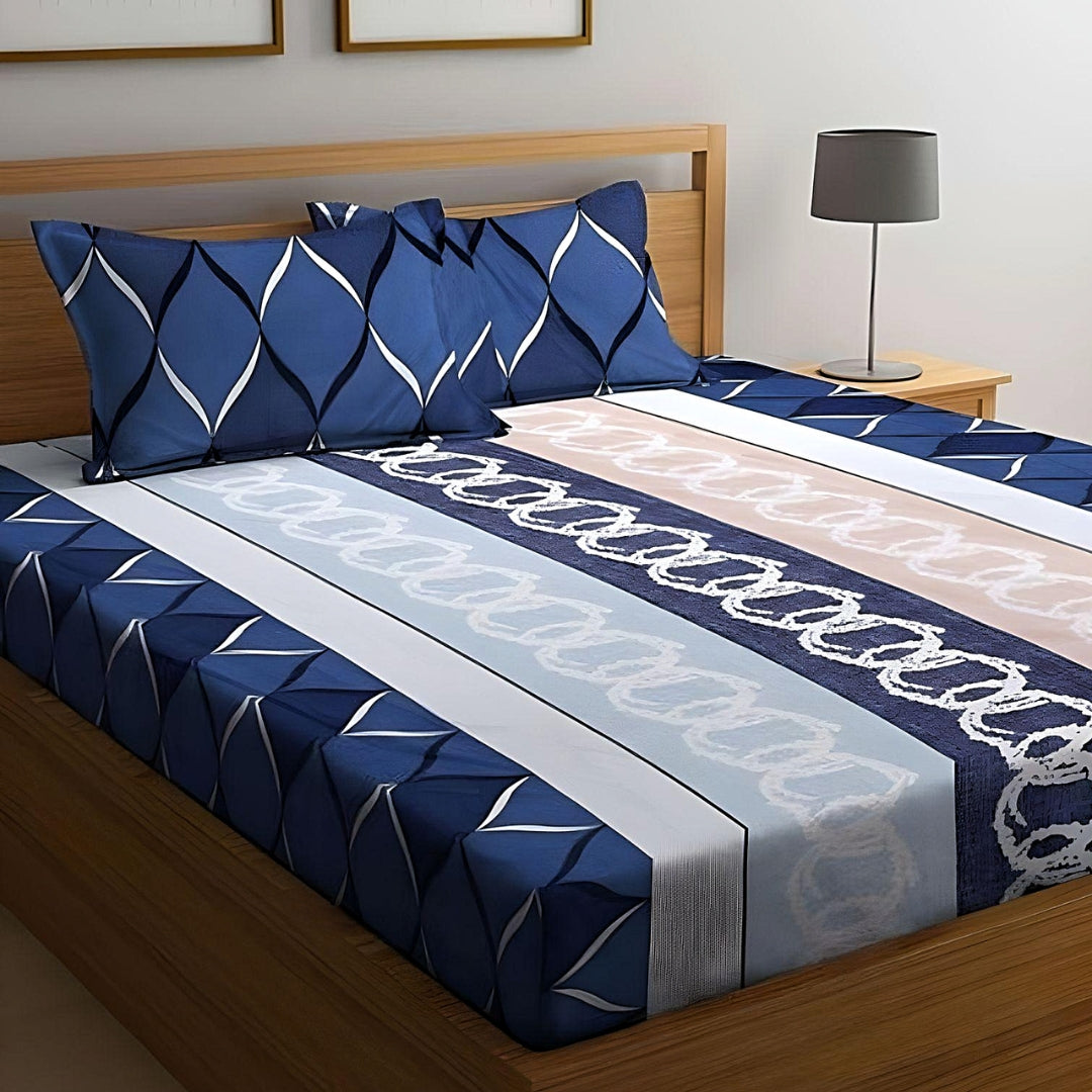 White Blue Circle Printed Elastic Fitted Bed Sheet with Pillowcases