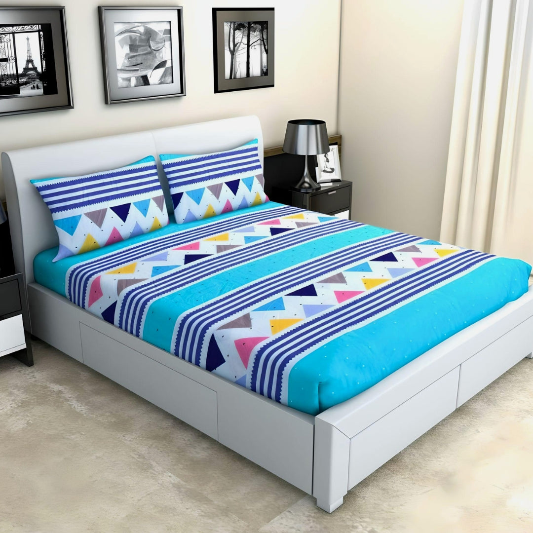 Blue Zig Zag Style Fitted Bed Sheets with Pillow Cover Sets